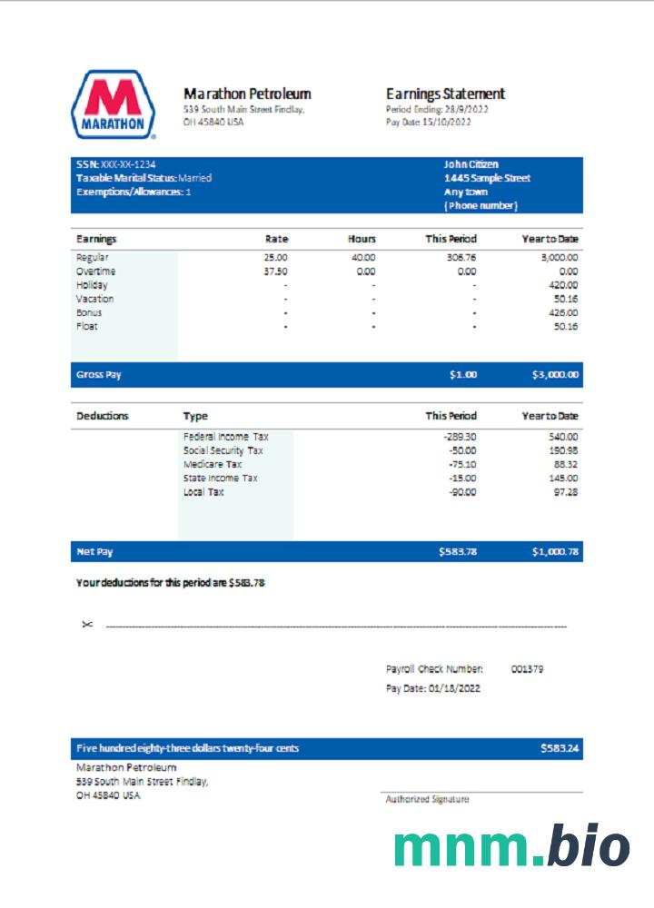USA Marathon Petroleum company pay stub